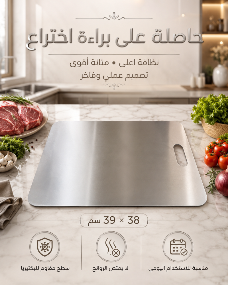 لوح تقطيع ستيل فضي مقاوم للبكتيريا – مقاس وسط 39 × 30 سم