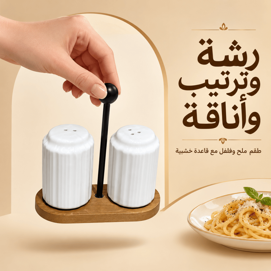 طقم ملح وفلفل أبيض مخطط بقاعدة خشبية