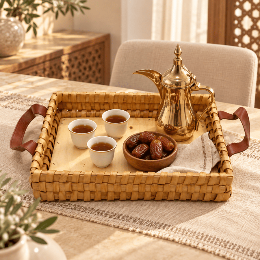 صينية خوص صغيرة بمقابض جلدية – 20×20 سم