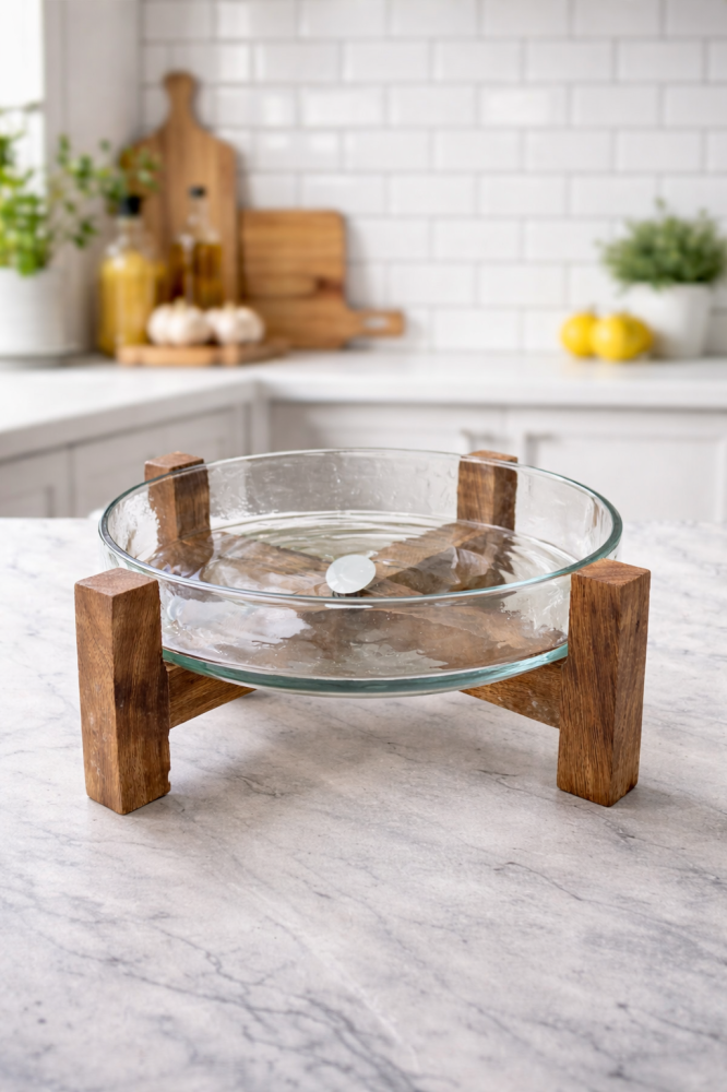Glass serving plate with wooden base, medium size