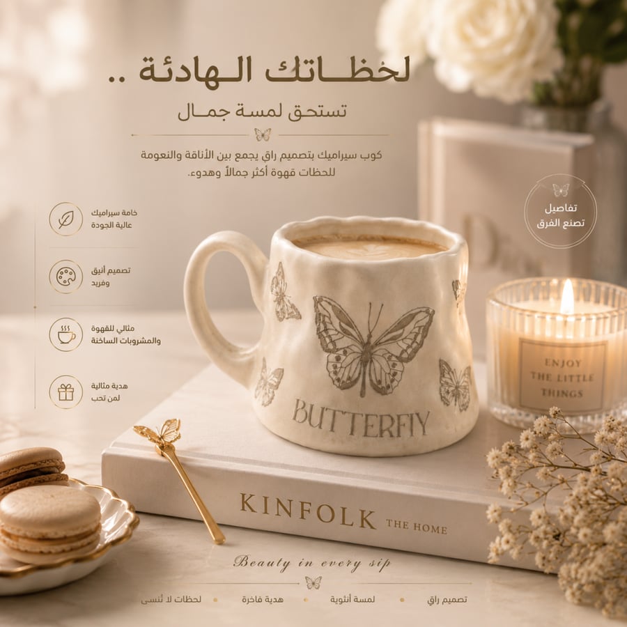 كوب قهوه  بنقشه الفراشه
