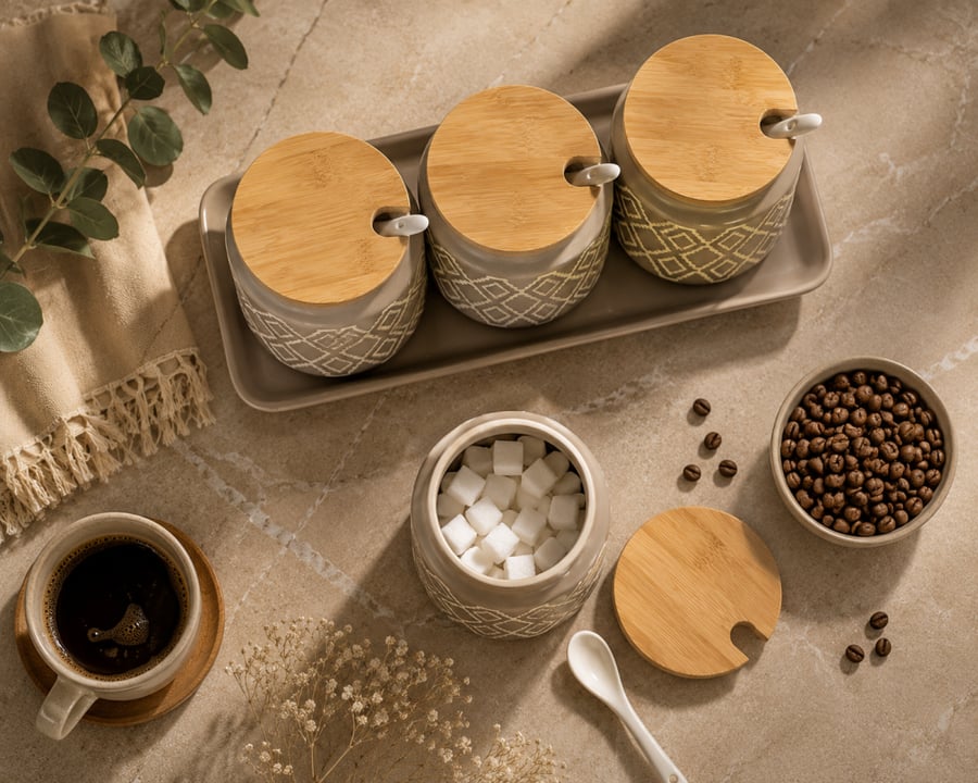 Coffee canister set with marble design and a marble base