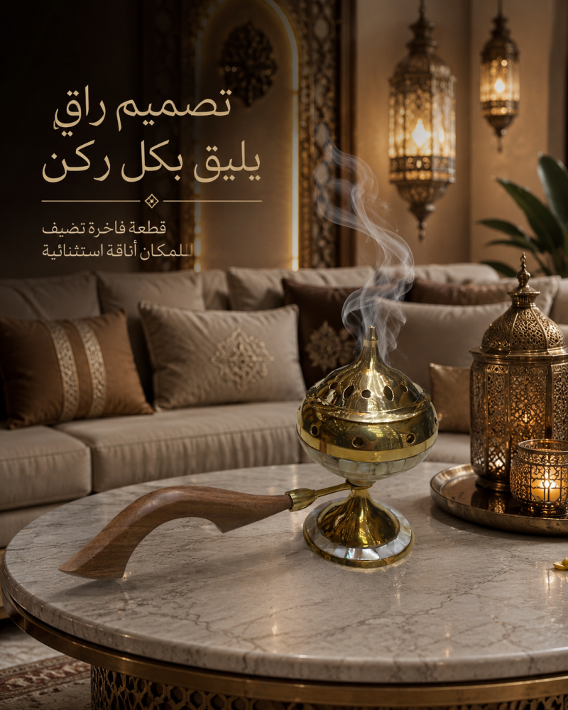 مبخرة هندية ذهبية بمقبض خشبي
