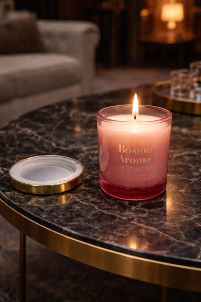 A scented candle with the luxurious pomegranate scent Boston Aroma