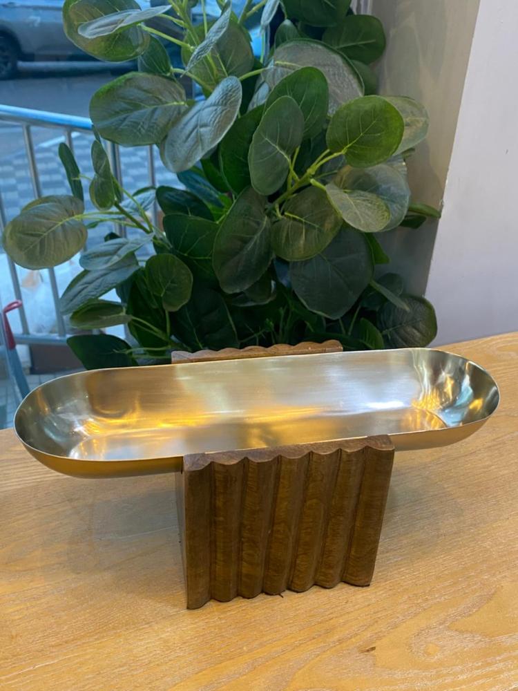 Elegant long serving platter with wooden base Small size