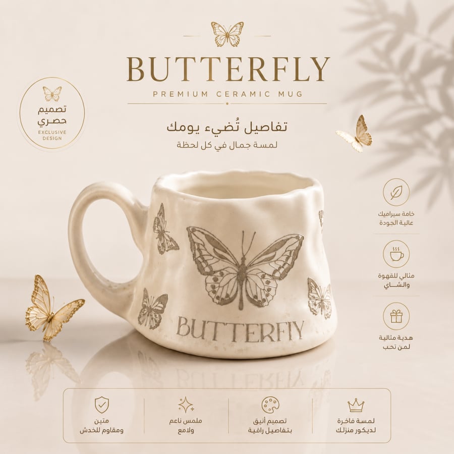 كوب قهوه  بنقشه الفراشه