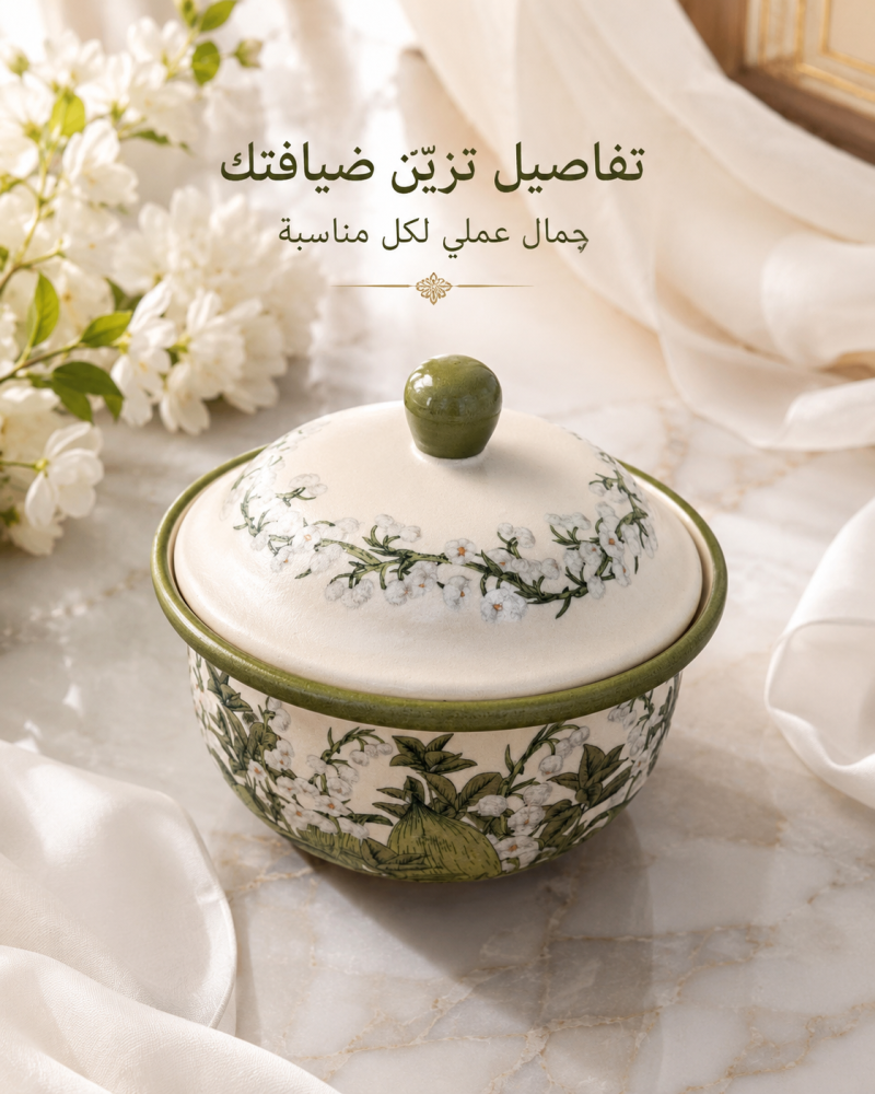 وعاء تقديم بغطاء بنقوش نباتية