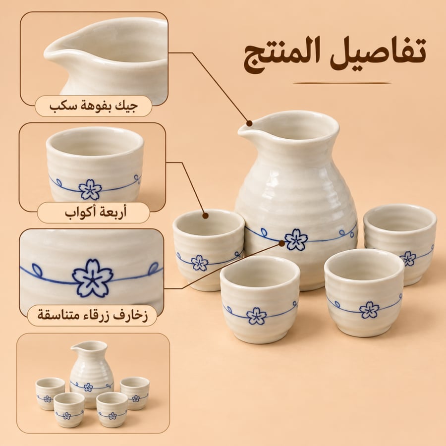 طقم جيك وأربعة أكواب بنقوش زهرية زرقاء