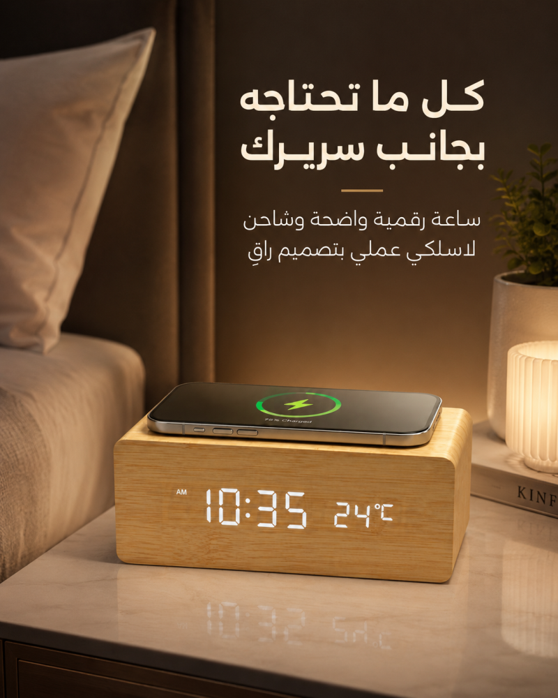 ساعه ديكور رقميه بشاحن لا سلكي للهاتف