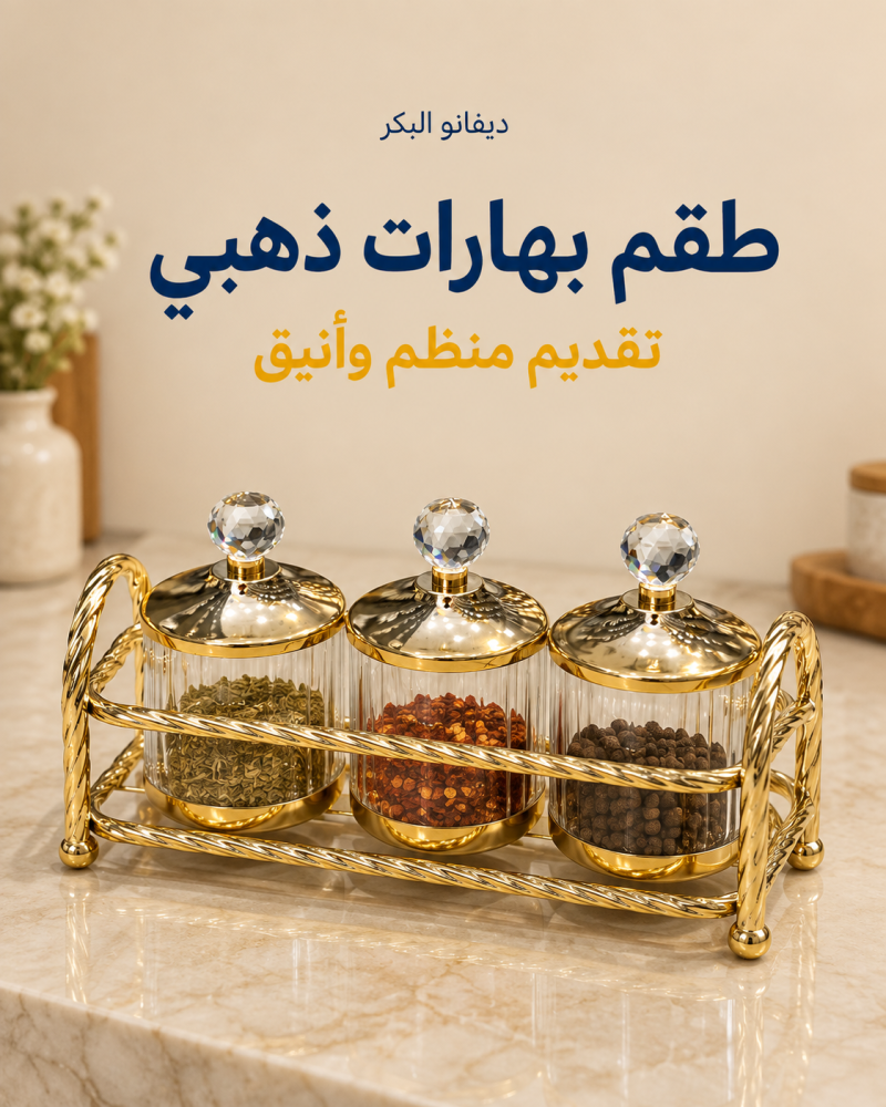 طقم علب بهارات زجاجية ذهبي مع حامل | 3 علب