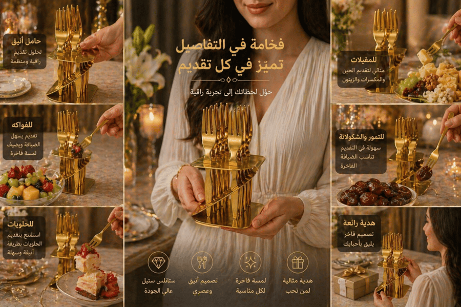 Luxury gold serving cutlery set with a metal holder