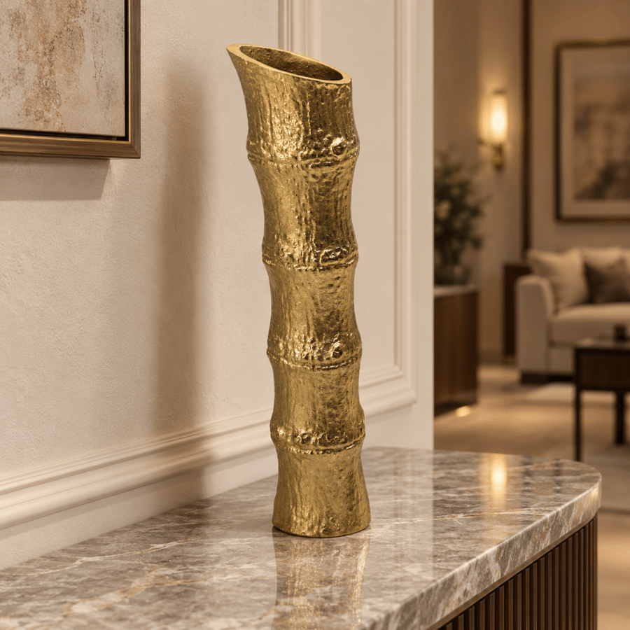 فازة ألمنيوم هندية ذهبية بتأثير الخيزران | 43 سم