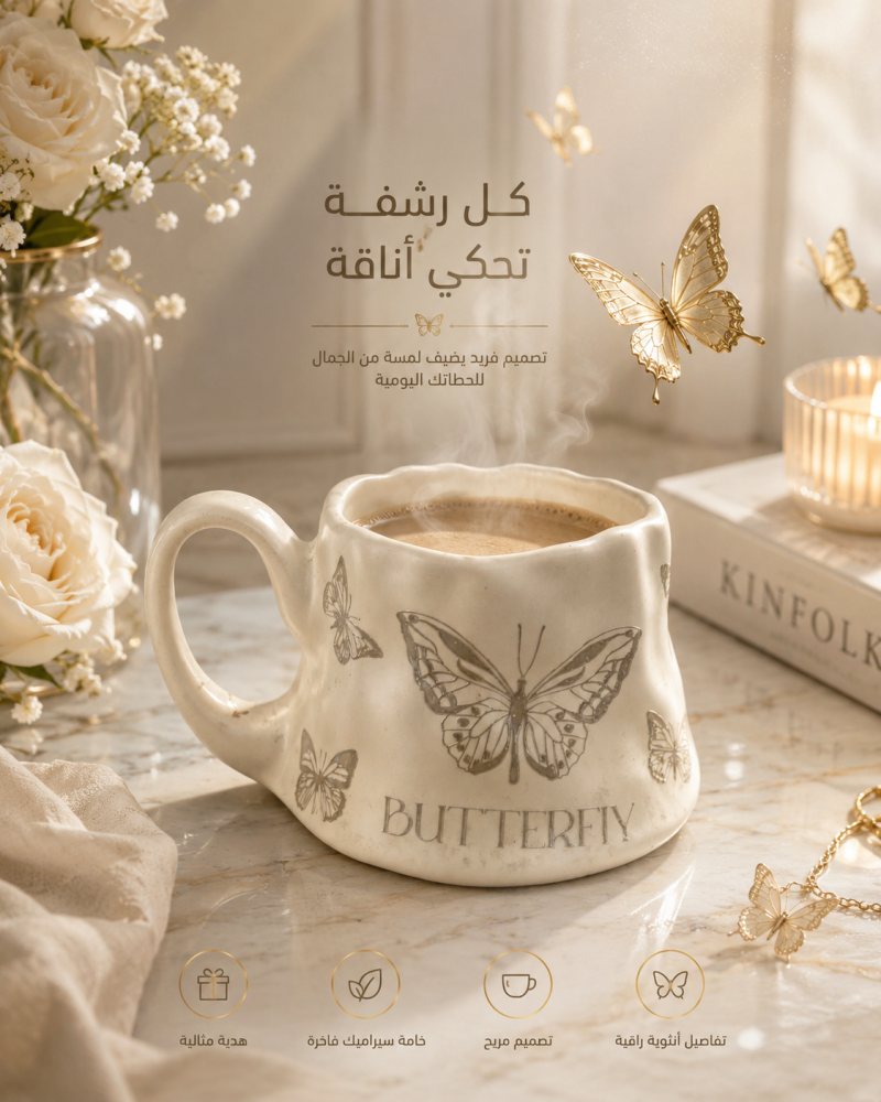 كوب قهوه  بنقشه الفراشه