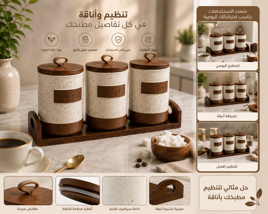 Coffee canister set with marble design and wooden base