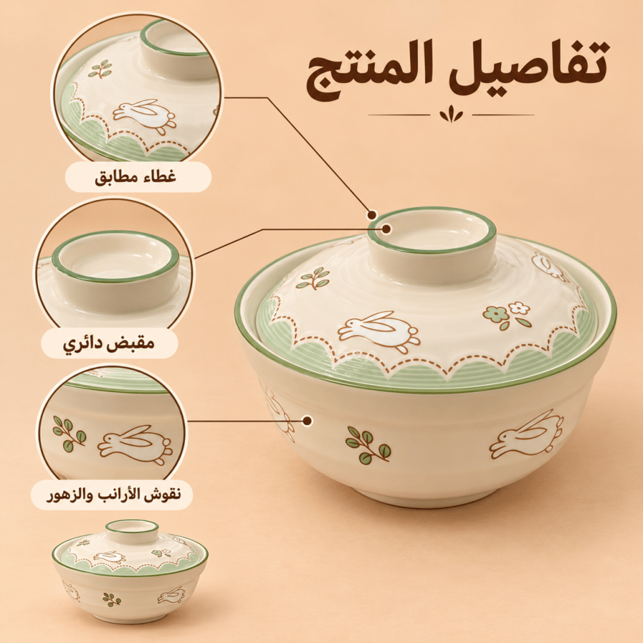 وعاء تقديم بغطاء بنقوش الأرانب وحافة خضراء