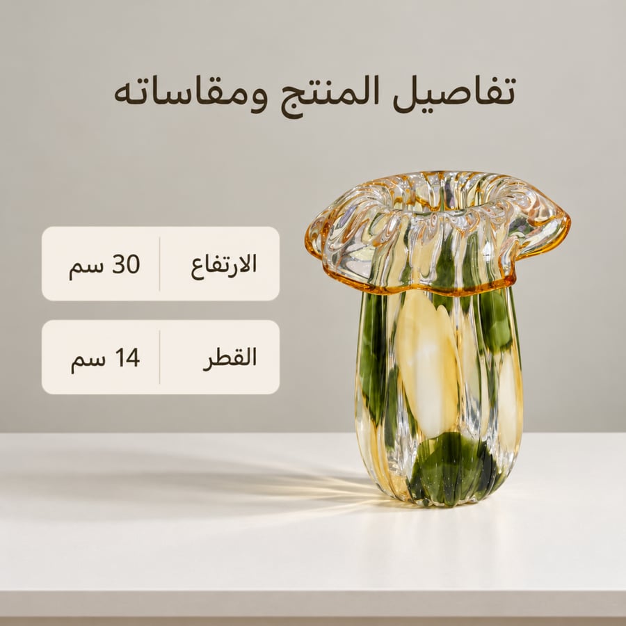 فازة زجاجية متموجة بلمسات العنبر – 30 سم