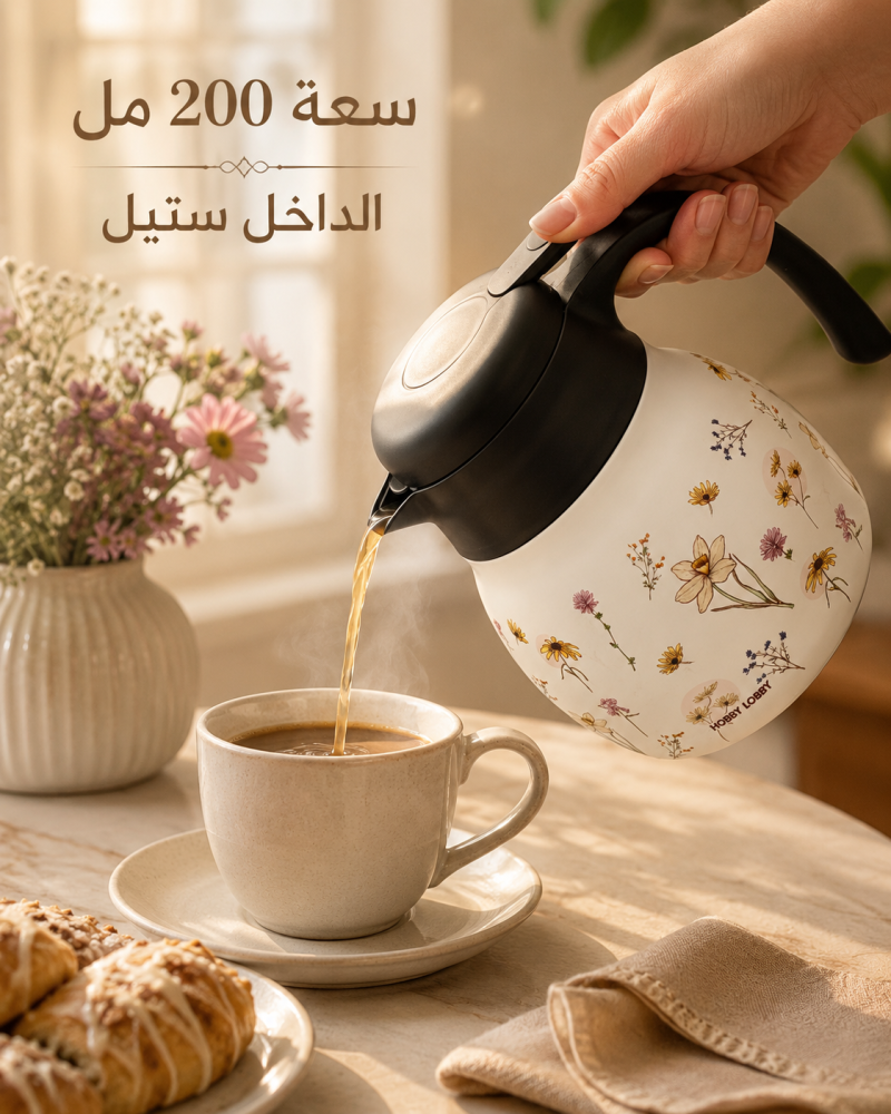 ترمس قهوة مزهر بغطاء أسود 1.2 لتر