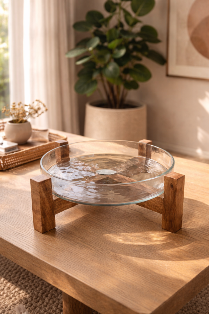 Glass serving plate with wooden base, medium size