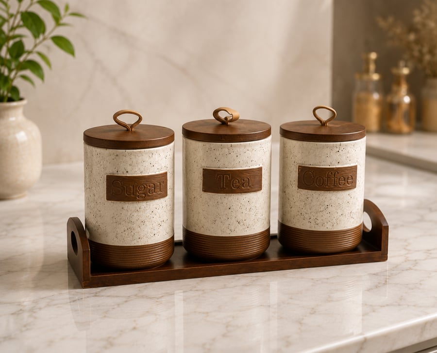 Coffee canister set with marble design and wooden base