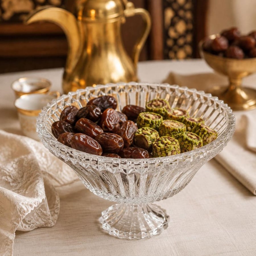 صحن زجاجي فاخر لتقديم التمور والحلويات