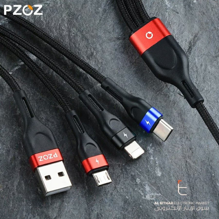 بزوز | سلك شاحن متعدد ثلاثي مايكرو يو اس بي ايفون تايب سي في نفس الوقت PZOZ | Multi-Charging Cable 3A 0.3M 1.2M