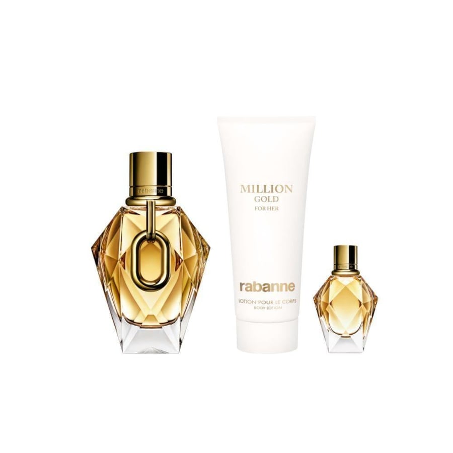 طقم هدايا من باكو ربان مليون قولد نسائي او دو برفيوم (عطر 90مل +عطر 5 مل صب +بودي لوشن معطر ومرطب 100مل