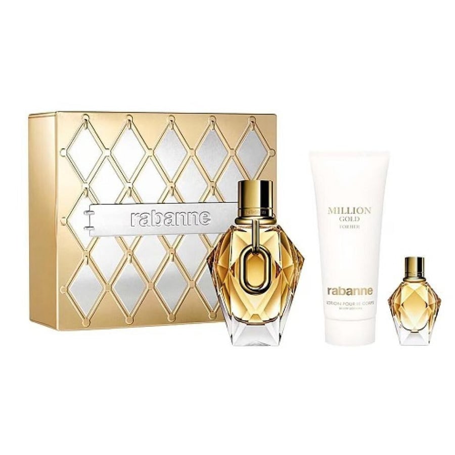 طقم هدايا من باكو ربان مليون قولد نسائي او دو برفيوم (عطر 90مل +عطر 5 مل صب +بودي لوشن معطر ومرطب 100مل