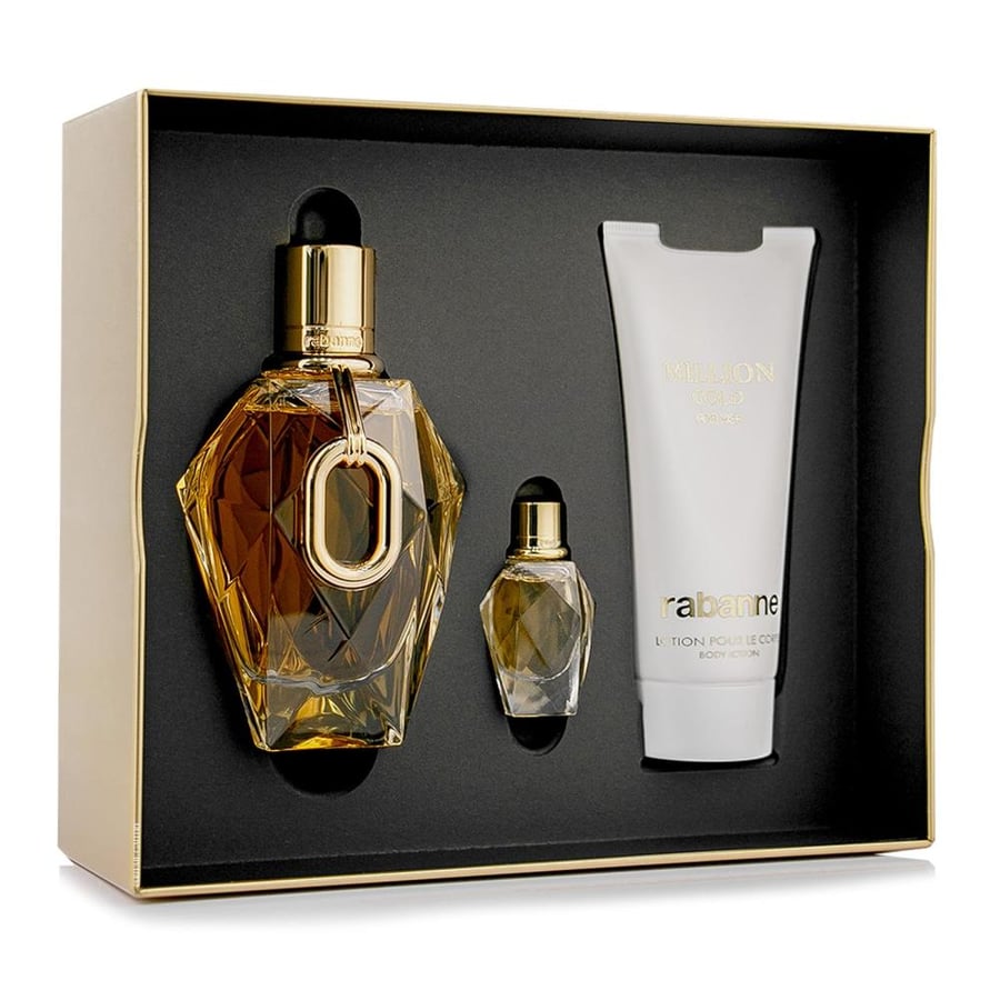 طقم هدايا من باكو ربان مليون قولد نسائي او دو برفيوم (عطر 90مل +عطر 5 مل صب +بودي لوشن معطر ومرطب 100مل