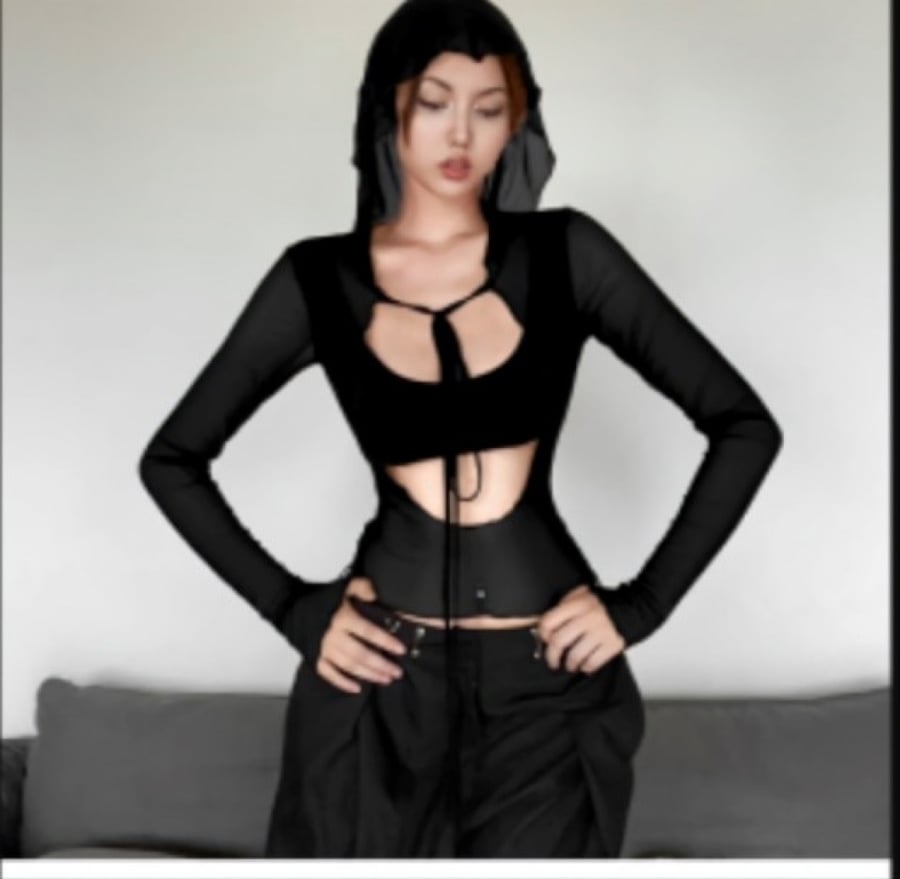 Mesh blouse with long sleeves and a hood