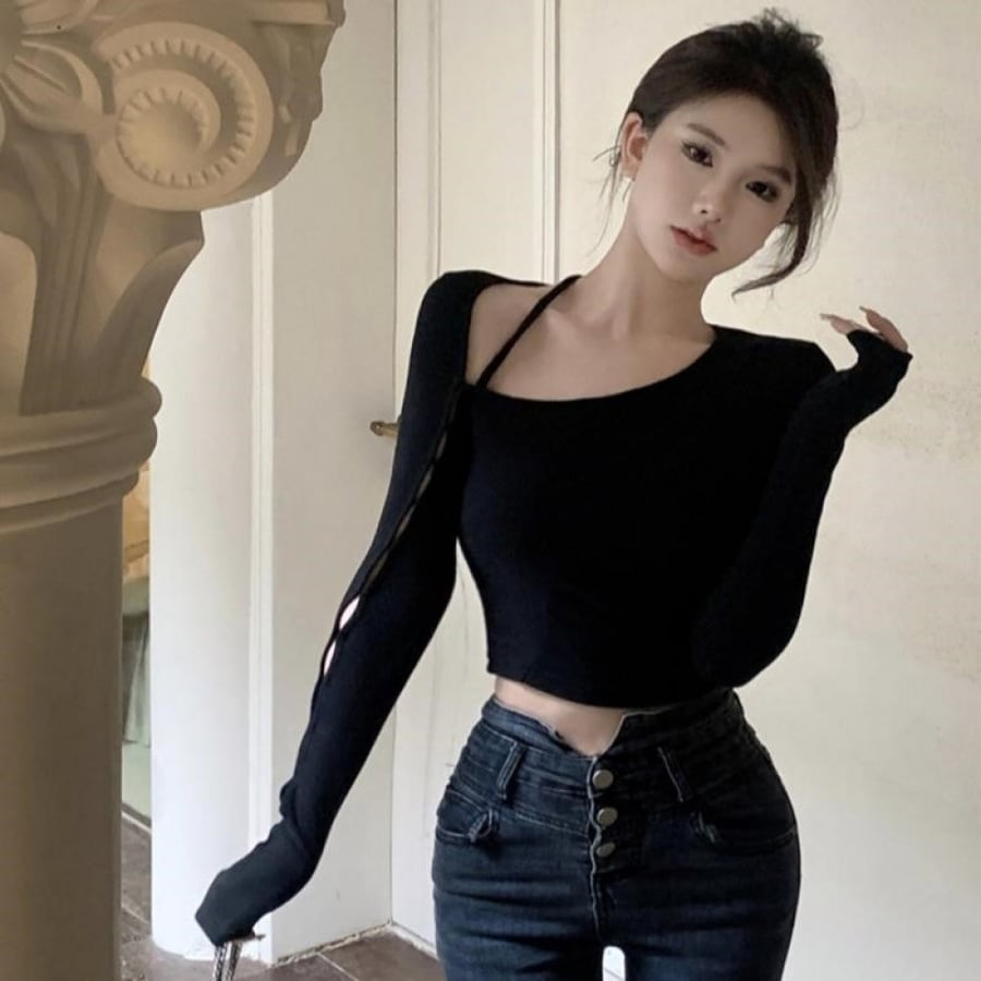 Cotton T-shirt long sleeves hollow on the arm