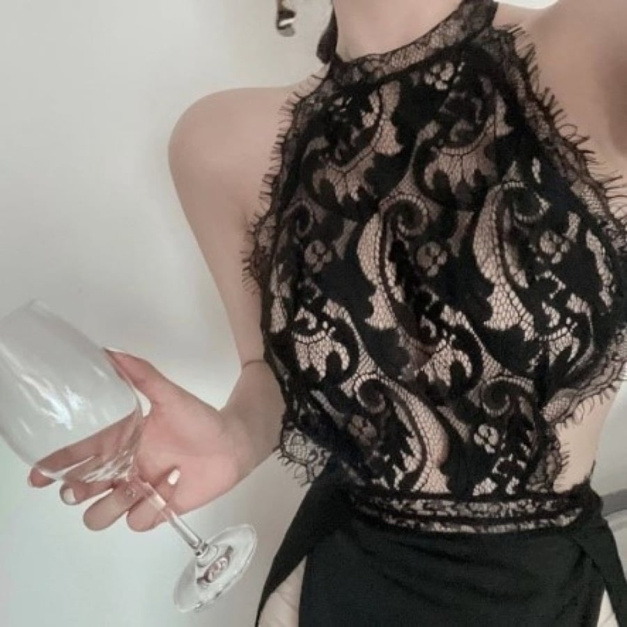 Long French style dress with hollow lace and a tie at the neck