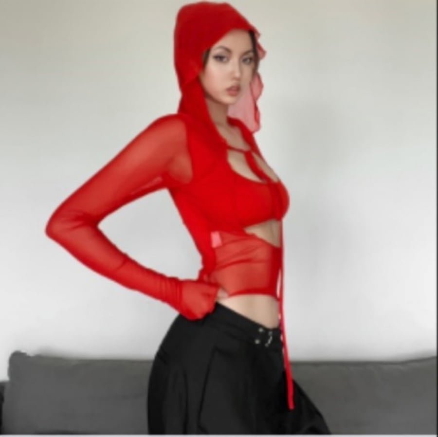 Mesh blouse with long sleeves and a hood