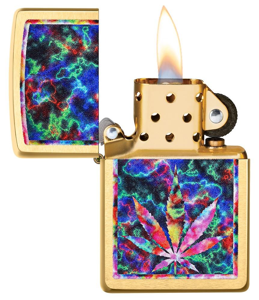 Zippo Lighter Weed Leaf in Color - Brushed Brass
