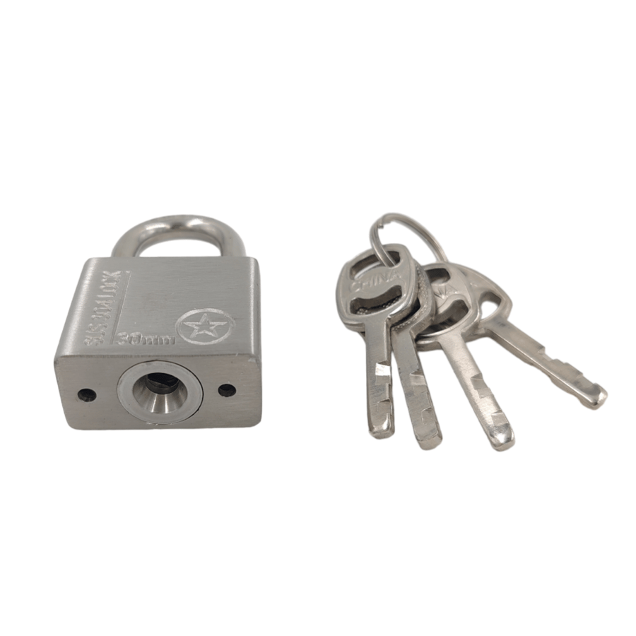 A small container with a stainless steel key