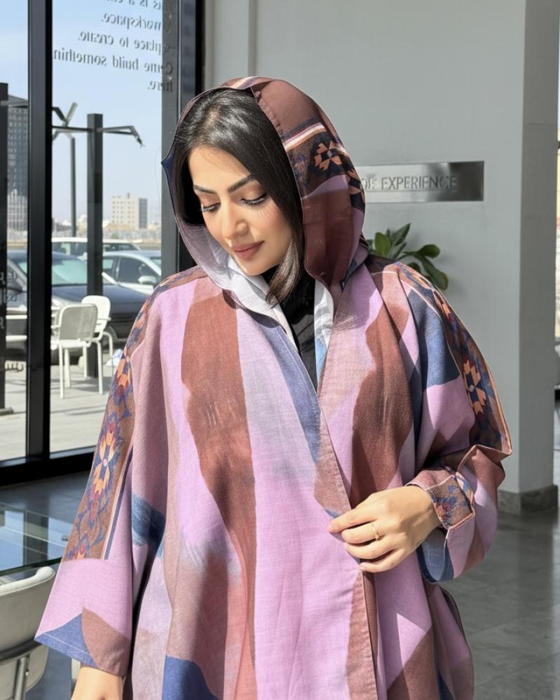 Summer abaya made of linen fabric, printed, and chiffon headscarf