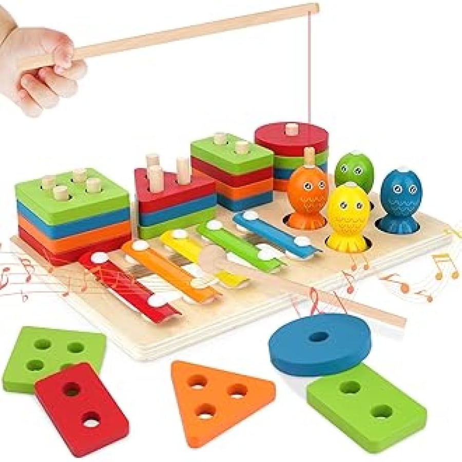 Matching geometric shapes and wooden fishing