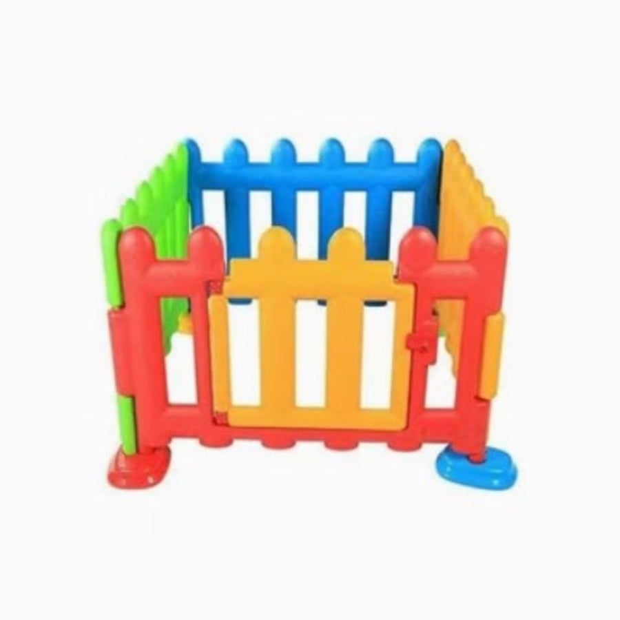 Colorful fence with safety door