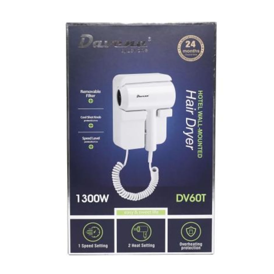 مجفف شعر فندق دفينا مثبت على الحائط للحمام 1300 واط- DV60T