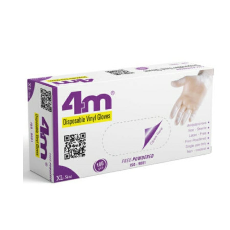 قفاز فينيل4m بدون بودر شفاف  100حبة اكس لارج XL