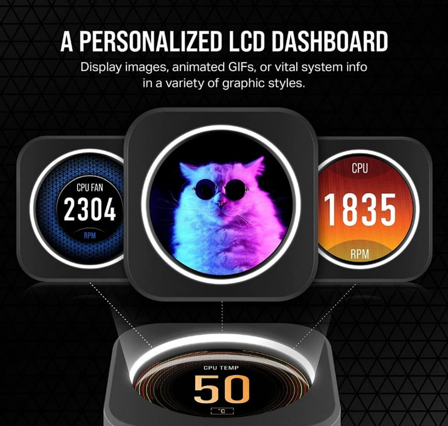 Corsair iCUE H150i Elite LCD XT Liquid CPU Cooler - IPS LCD Screen - Three AF120 RGB Elite Fans - 360mm Radiator - Fits Intel® LGA 1700, AMD® AM5, and More - Included iCUE Commander CORE - Black