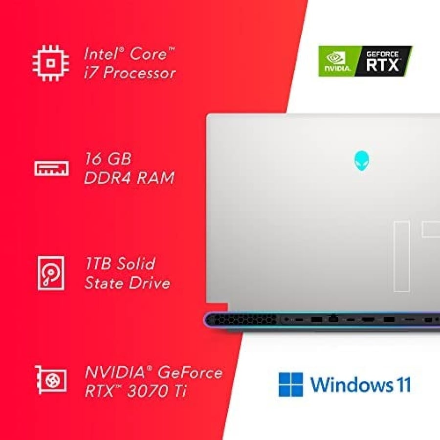 لابتوب ايليانوير x17 R2 17.3 بوصة فل اتش دي (1920 × 1080) 360 هرتز، انتل كور i7 12700H، نيفيديا جيفورس RTX 3070 Ti 8 جيجا GDDR6، 16 جيجا رام، 1 تيرابايت اس اس دي، ويندوز 11 هوم (أبيض)