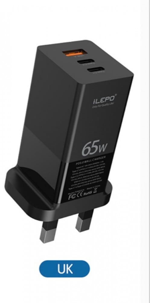 شاحن iLEPO 65 واط GaN ثلاثي المنافذ - 2 USB-C USB-A قابس ثلاثي