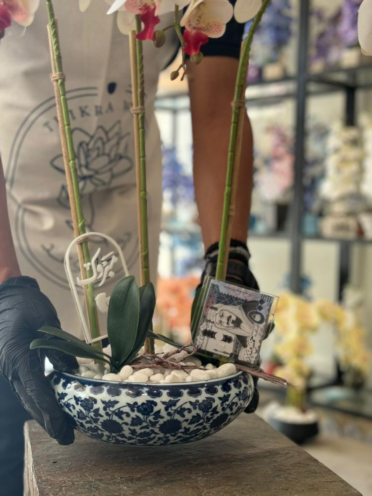 Ceramic vase with orchid flowers including the stand