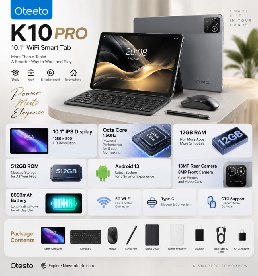 تابلت تاب K10 Pro اوتيتو oteeto بحجم شاشة 10.1 انش