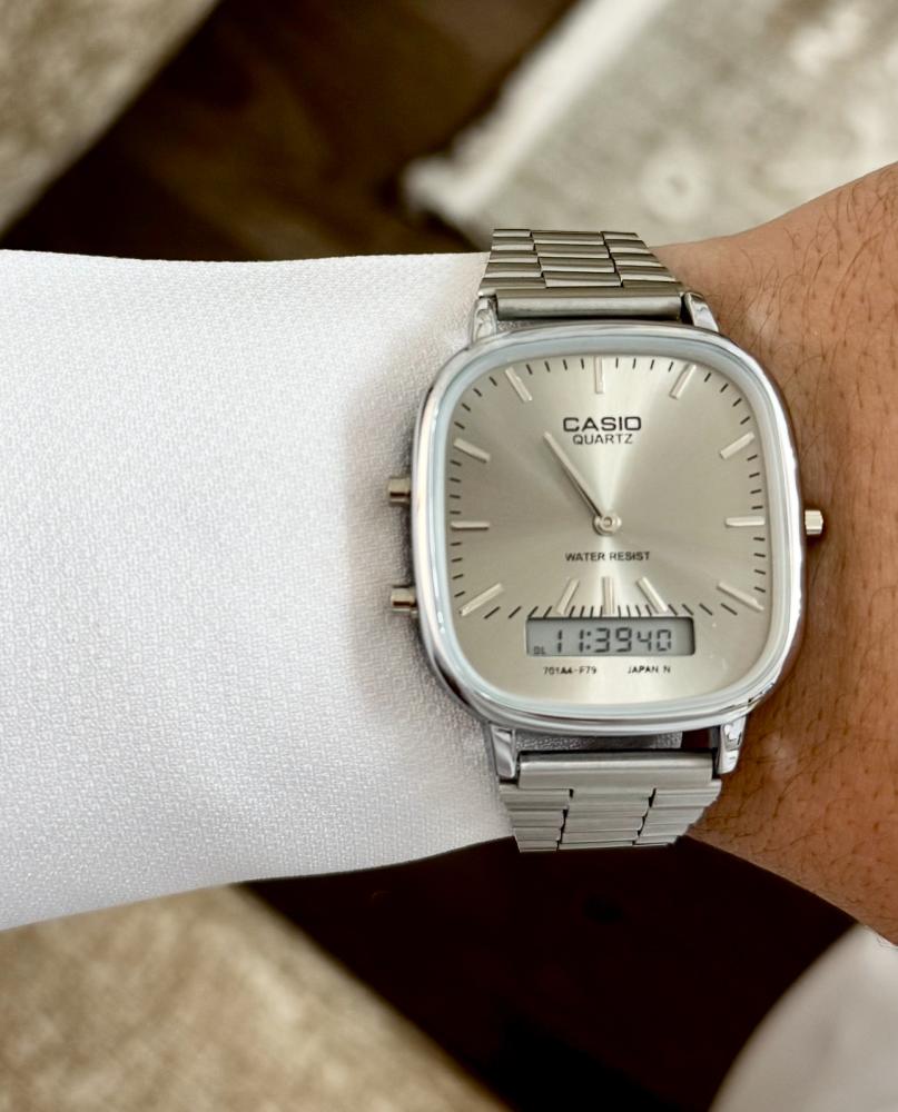 ساعة كاسيو casio LTP دبل تايم رصاصي تيتانيوم