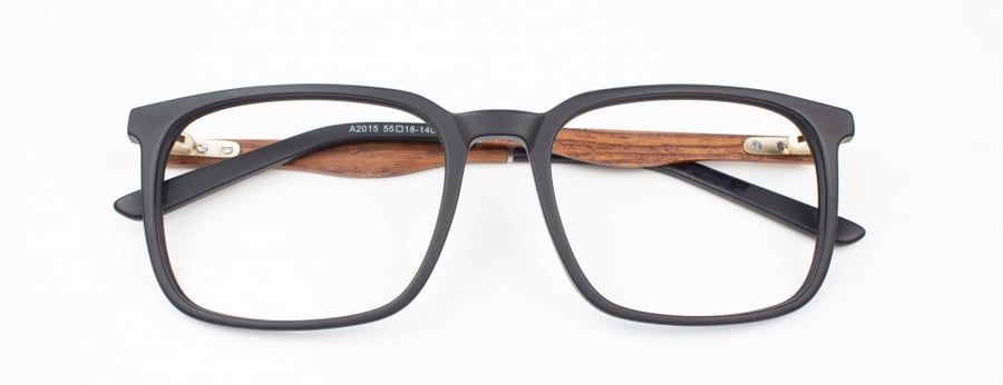 Unisex medical glasses made of plastic, model number 2015C2, matte black, wooden
