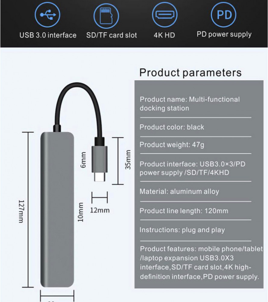 محول Type C إلى HDTV رفيع للغاية ومتعدد الوظائف مزود بعدد 7 منافذ USB رمادي