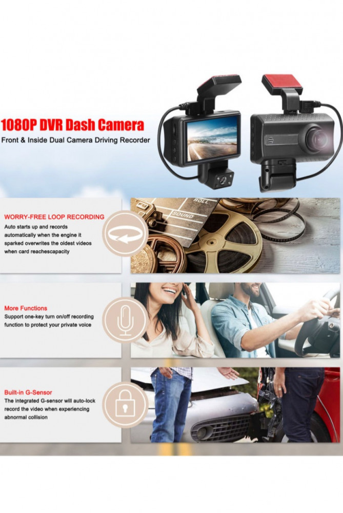 1080P DVR Dash Camera Front & Inside Dual Camera Driving Recorder 3 Inch Screen Dashcam