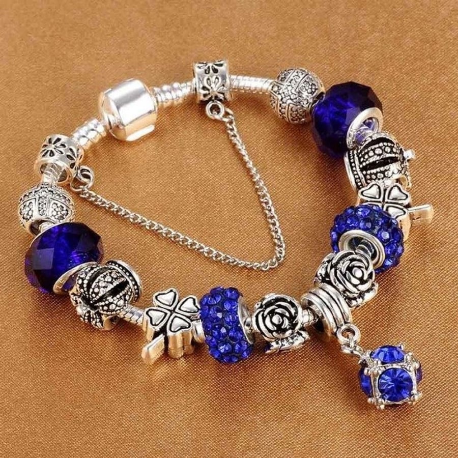 Silver-plated bracelet, 925 gauge, decorated with beads and Pandora elements, blue color