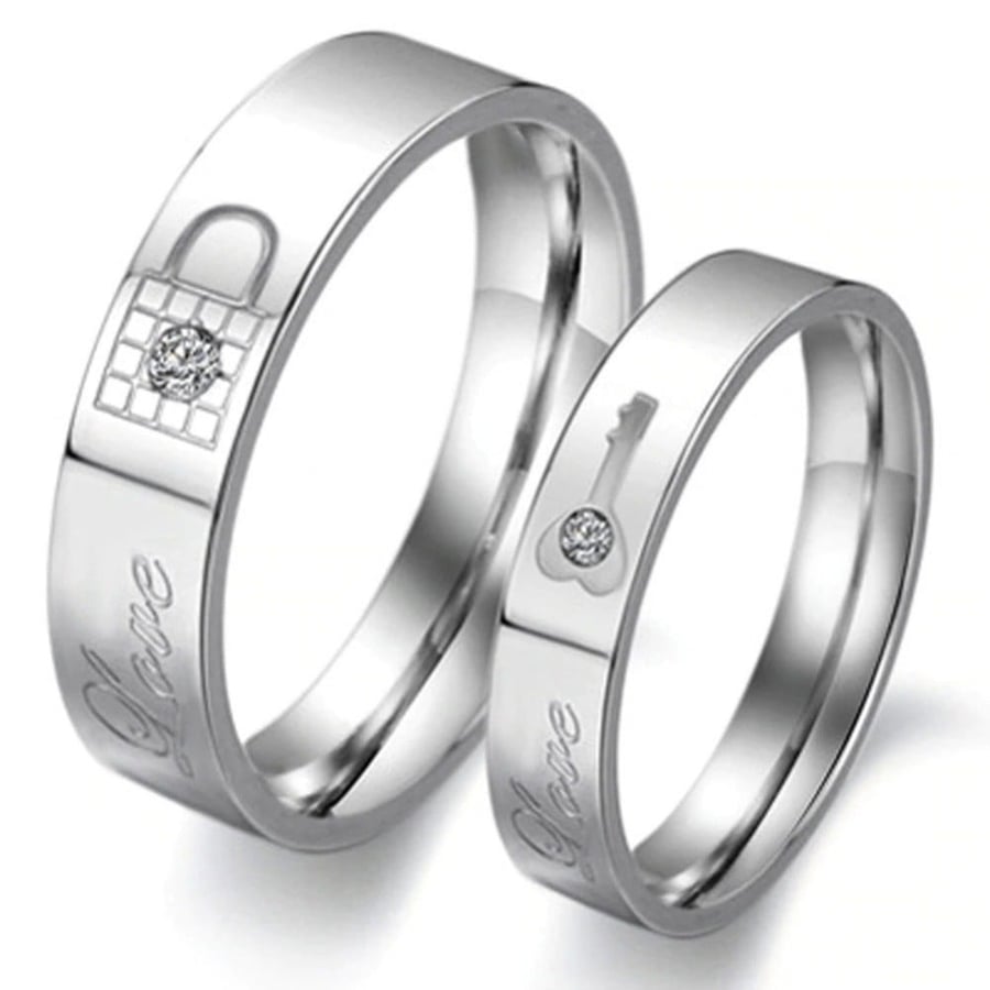 Couples rings engagement marriage connection silver plated shaped lock and key decorated with zircon stone